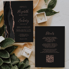 Convites Casamento Código QR Escuro Ágata Dourado Rosa Chic