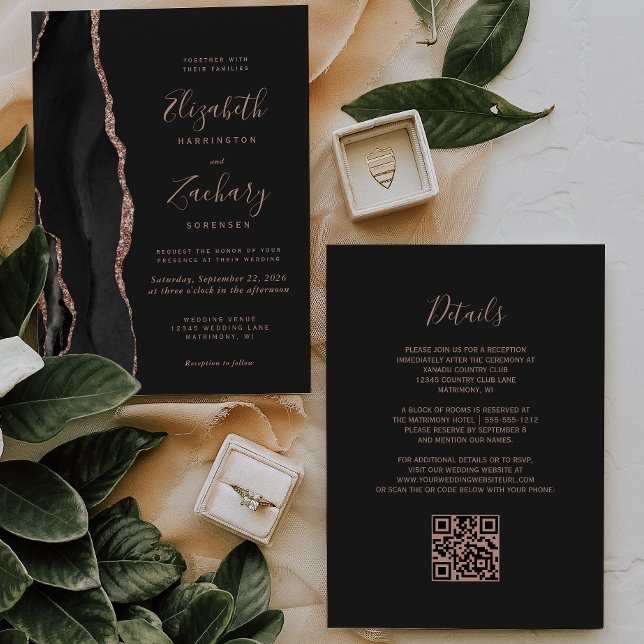 Convites Casamento Código QR Escuro Ágata Dourado Rosa Chic (Criador carregado)