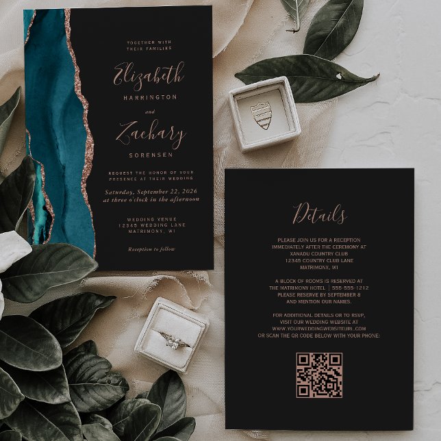 Convites Casamento Código QR Escuro Ágata Dourado Rosa Chic (Criador carregado)