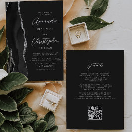 Convites Casamento Código QR Escuro Ágata Prata Preta
