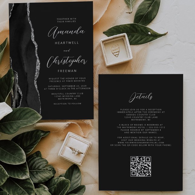 Convites Casamento Código QR Escuro Ágata Prata Preta (Criador carregado)
