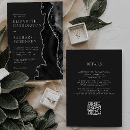 Convites Casamento Código QR Escuro Ágata Prata Preta