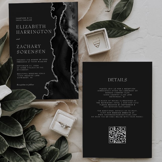 Convites Casamento Código QR Escuro Ágata Prata Preta (Criador carregado)