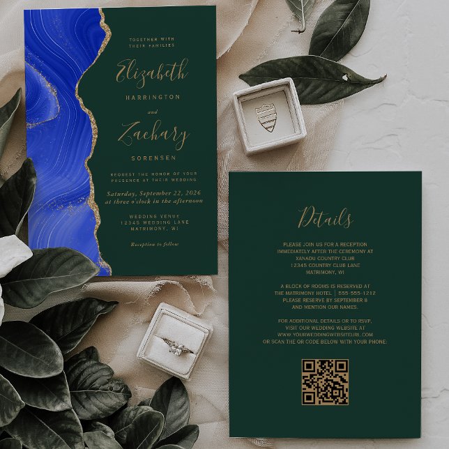 Convites Casamento Código QR Esmeralda Ágata Dourada Azul R (Criador carregado)