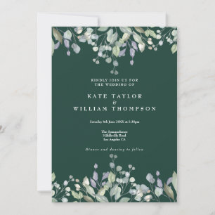 Convites Casamento Código QR Esmeralda Verde Folhagem Lilás