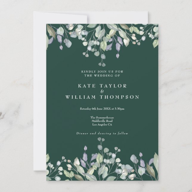 Convites Casamento Código QR Esmeralda Verde Folhagem Lilás (Frente)