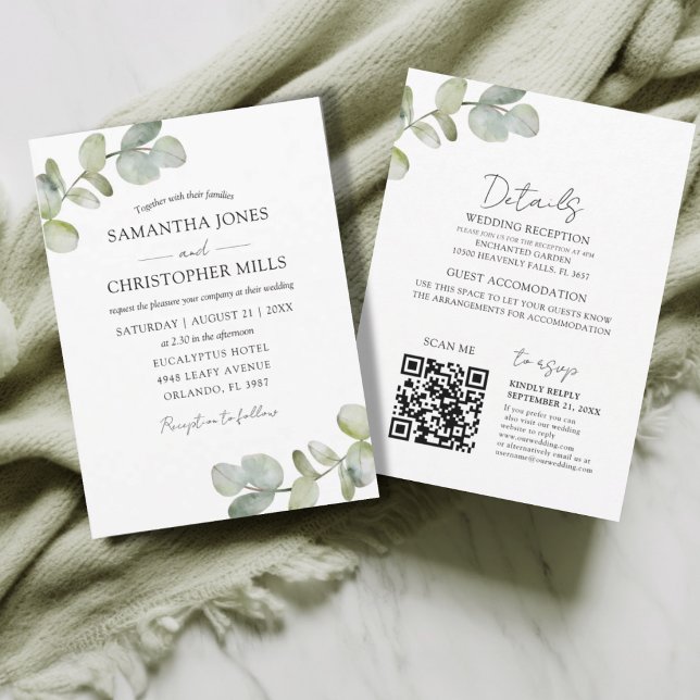 Convites Casamento Código QR Eucalipto Botânico Rústico (Criador carregado)