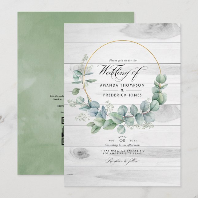 Convites Casamento Código QR Eucalipto Country Celeiro Rúst (Frente/Verso)