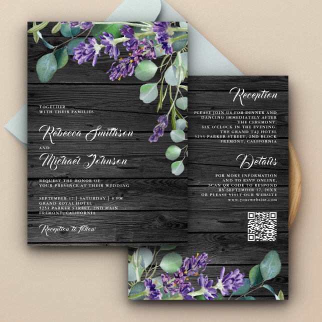Convites Casamento Código QR Eucalipto Lavanda Madeira Rúst (Criador carregado)