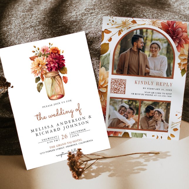 Convites Casamento Código QR Flor de Dália em Pote de Pedra (Criador carregado)