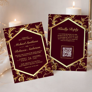 Convites Casamento Código QR Flor de Ouro de Borgonha Remoi