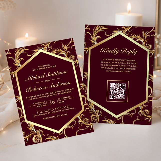 Convites Casamento Código QR Flor de Ouro de Borgonha Remoi (Criador carregado)