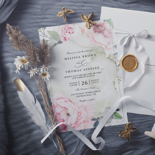 Convites Casamento Código QR Flor Greenery Elegante Rosa (Criador carregado)