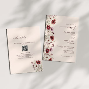 Convites Casamento Código QR Flor Silvestre Borgonha