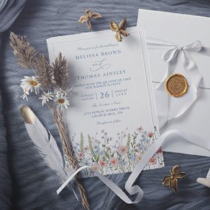Convites Casamento Código QR Flor Silvestre Rosa Bege Azul 
