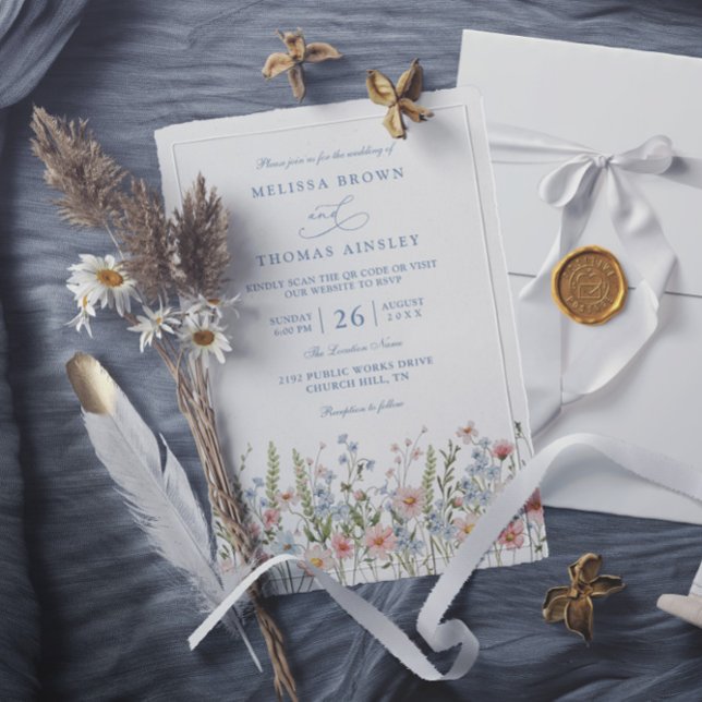 Convites Casamento Código QR Flor Silvestre Rosa Bege Azul  (Criador carregado)