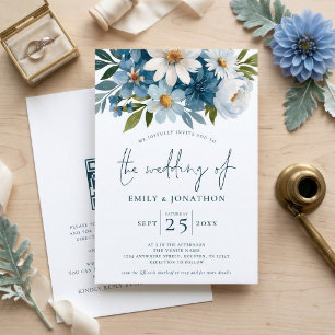 Convites Casamento Código QR Florais Azuis Aquarela