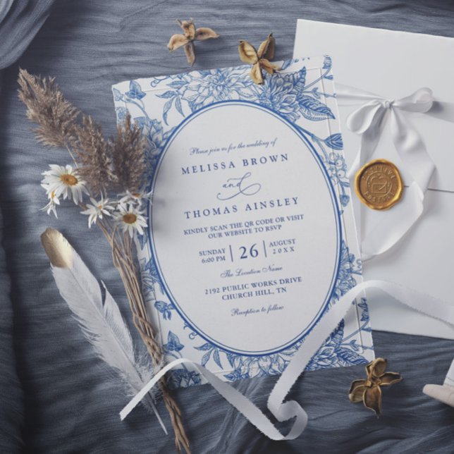 Convites Casamento Código QR Florais Botânicos Aquarela Azu (Criador carregado)