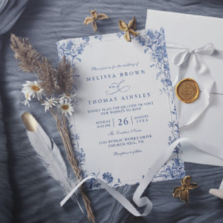 Convites Casamento Código QR Florais Botânicos Aquarela Azu