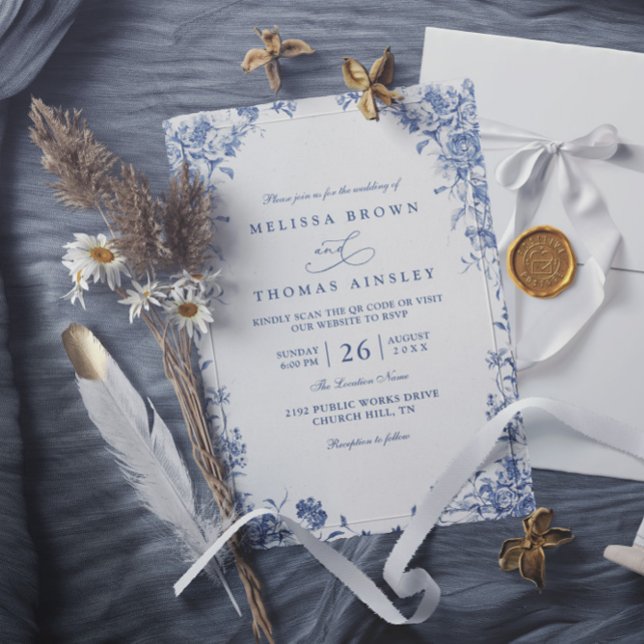 Convites Casamento Código QR Florais Botânicos Aquarela Azu (Criador carregado)