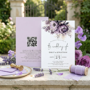 Convites Casamento Código QR Florais Lilás Roxo Elegante