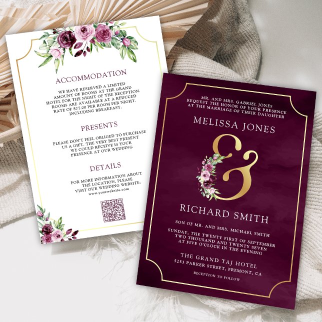 Convites Casamento Código QR Floral Ampersand Ameixa Rosa (Criador carregado)