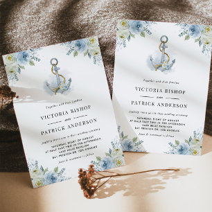 Convites Casamento Código QR Floral Âncora Náutica Aquarela