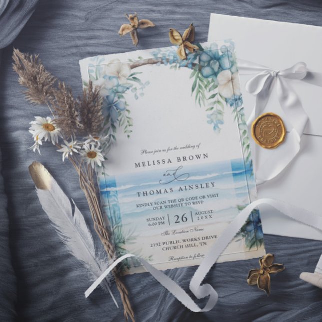 Convites Casamento Código QR Floral Aquarela Boho Praia (Criador carregado)