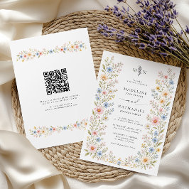 Convites Casamento Código QR Floral Aquarela Flor Silvestre