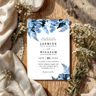 Convites Casamento Código QR Floral Azul Boho Elegante Mode