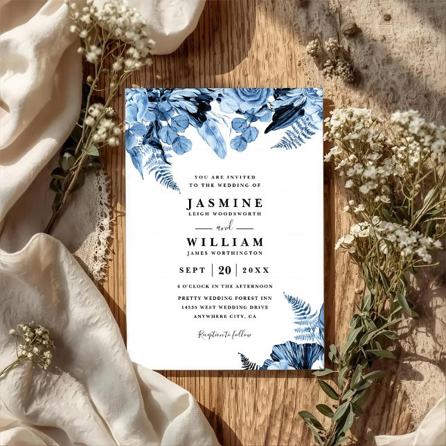 Convites Casamento Código QR Floral Azul Boho Elegante Mode (Criador carregado)