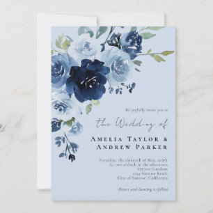 Convites Casamento Código QR Floral Azul Desbotado Rosa Nav