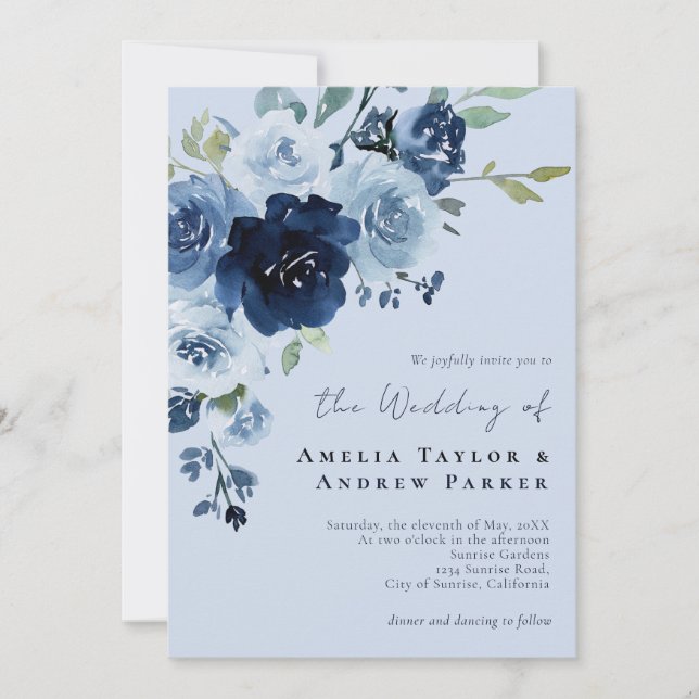 Convites Casamento Código QR Floral Azul Desbotado Rosa Nav (Frente)