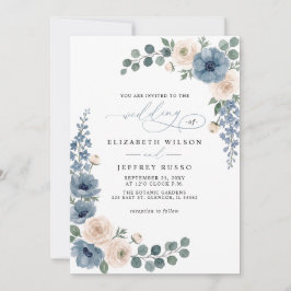 Convites Casamento Código QR Floral Azul Empoeirado Marfim