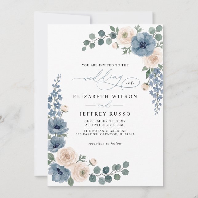 Convites Casamento Código QR Floral Azul Empoeirado Marfim  (Frente)