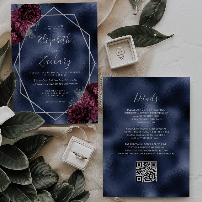 Convites Casamento Código QR Floral Azul Marinho Borgonha P (Criador carregado)