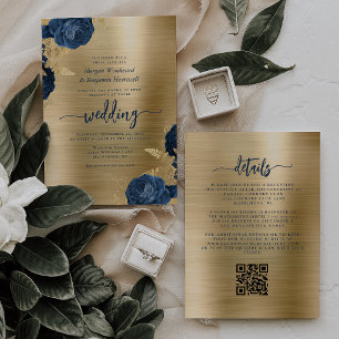 Convites Casamento Código QR Floral Azul Marinho Dourado Me