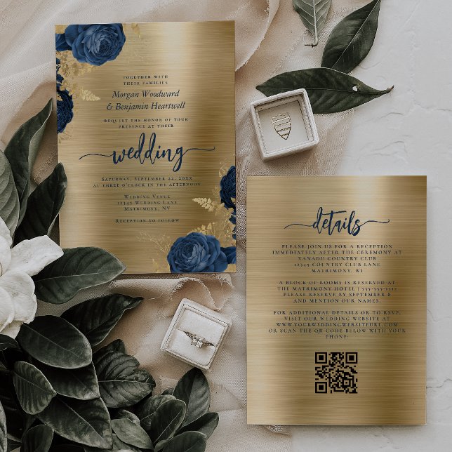 Convites Casamento Código QR Floral Azul Marinho Dourado Me (Criador carregado)