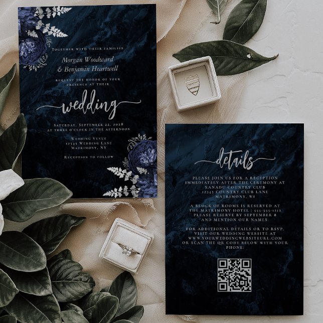 Convites Casamento Código QR Floral Azul Marinho Prateado E (Criador carregado)