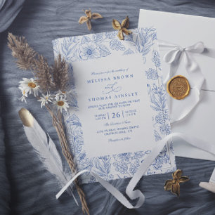 Convites Casamento Código QR Floral Azul Minimalista Elegan