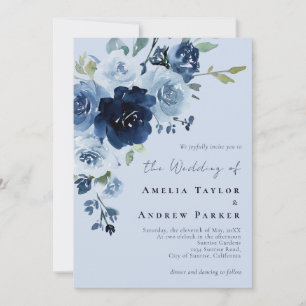 Convites Casamento Código QR Floral Azul Navy Rosa Empoeira