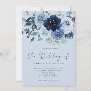 Convites Casamento Código QR Floral Azul Navy Rosa Empoeira