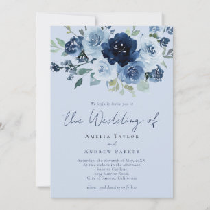 Convites Casamento Código QR Floral Azul Navy Rosa Empoeira