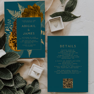 Convites Casamento Código QR Floral Azul Teal Dourado Laran