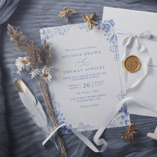 Convites Casamento Código QR Floral Azul Vintage Elegante M