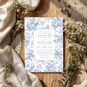 Convites Casamento Código QR Floral Azul Vintage Elegante M