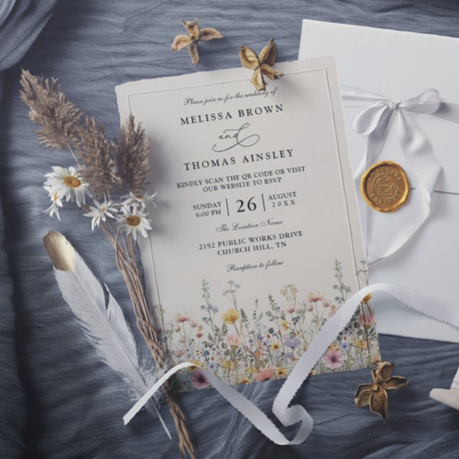 Convites Casamento Código QR Floral Boho Aquarela Flor Silv (Criador carregado)