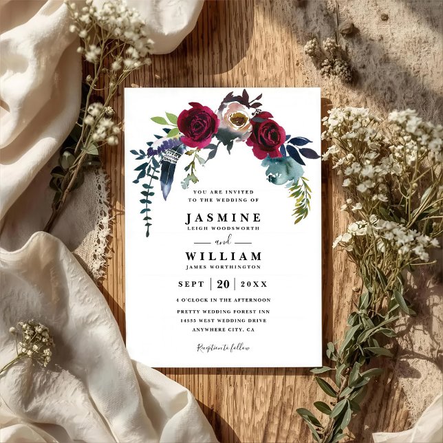 Convites Casamento Código QR Floral Boho Chic Azul Burgundy (Criador carregado)