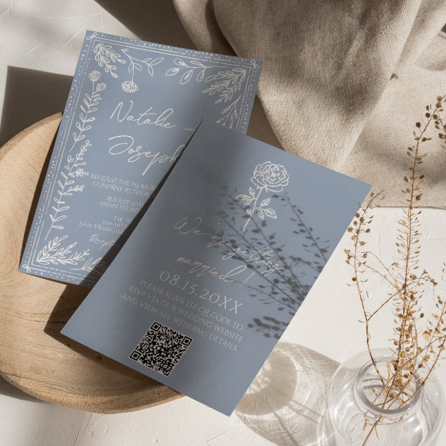 Convites Casamento Código QR Floral Botânico Boho Azul Azur (Criador carregado)