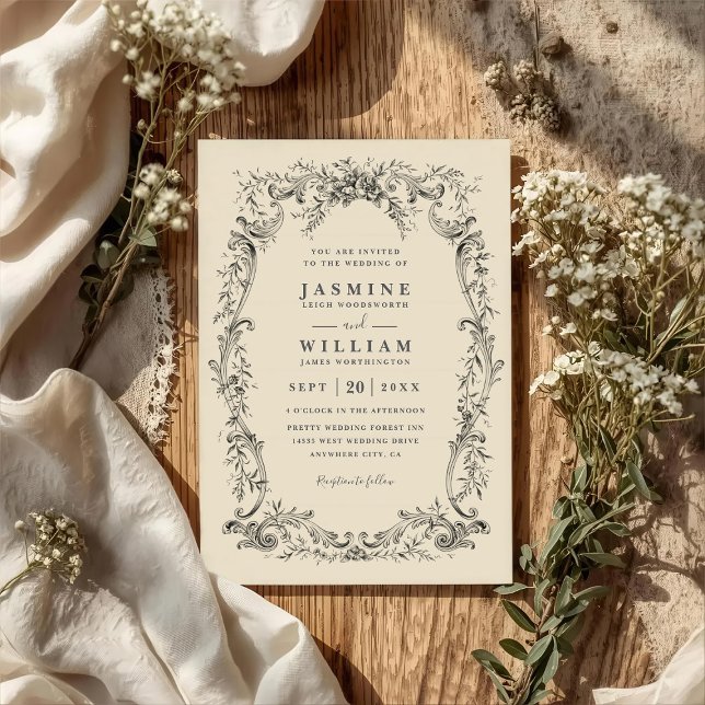 Convites Casamento Código QR Floral Botânico Elegante Vinta (Criador carregado)
